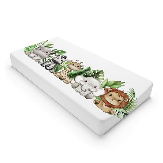 Cute Tropical Jungle Safari Animals Leaves Changing Pad Covers Lion Elephant Giraffe Zebra Hippo Baby Change Table Pad Cover for Boys Girls Soft Stretchy Changing Mat Sheets 32''x16''