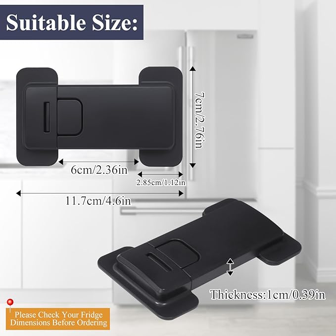 French Fridge Locks for Kids, 2 Pack Baby Safety Refrigerator Lock, Pet/Child Proof Freezer Latch, Cabinet Cupboard Lock with 3M Adhesive, Tool-Free, Drill-Free Install (Matte Black)