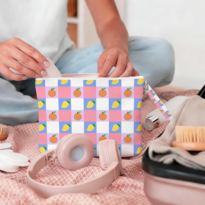 Wet Dry Bag, Wet Bag for Swimsuit, Diaper Sunscreen Large Zipper Pouch Waterproof Pouch, Beach Bags for Women, Orange and Mango Checkered Pattern, Gifts for Ladies Girls Friends Colleagues and Sisters