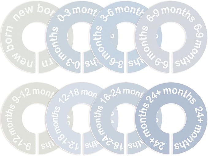cephira Baby Closet Dividers for Clothes 0-24 Months, 8 Pack mini Round Size Markers, Double-Sided, Fits Most Rods, Blue Nursery Clothing Organizer & Wardrobe Decor