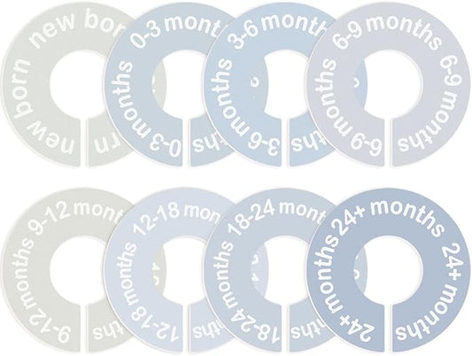 cephira Baby Closet Dividers for Clothes 0-24 Months, 8 Pack mini Round Size Markers, Double-Sided, Fits Most Rods, Blue Nursery Clothing Organizer & Wardrobe Decor