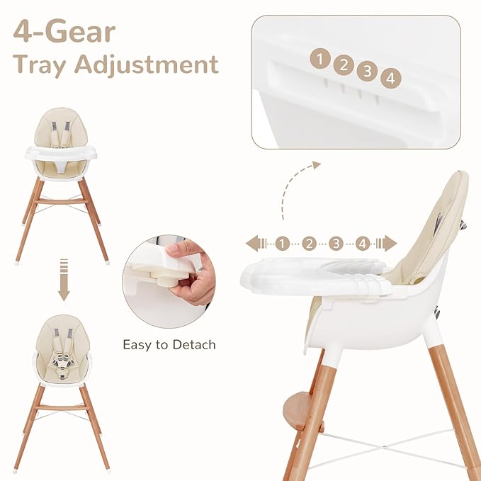 HONEY JOY Baby High Chair, Eat & Grow Beech Wooden Highchair for Babies and Toddlers, Removable Double-Layer Food Tray, 5-Point Harness, PU Cushion and Footrest for Infants Boys Girls (Beige)