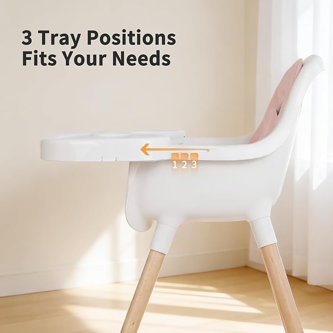 Baby High Chair, Wooden Highchair with Removable Tray, Adjustable Legs, Cushion, 5-Point Harness and Footrest for Infants, Baby, Toddlers, Pink