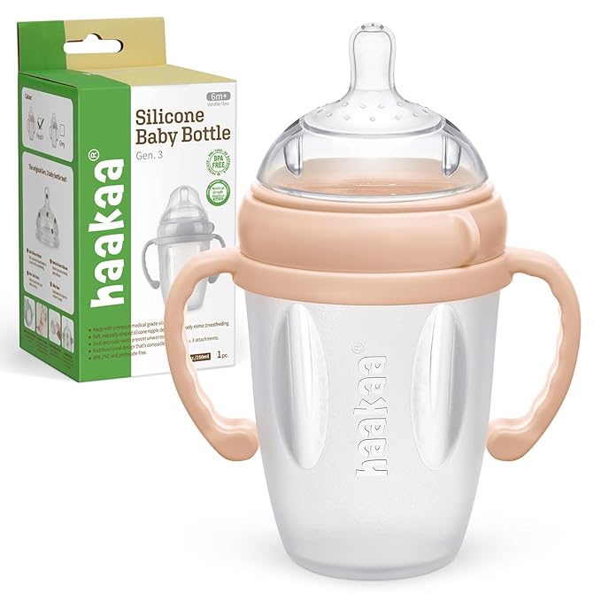 haakaa Gen. 3 Silicone Baby Bottle 250ml /8.4oz – Baby Bottles for Babies 6M+, BPA-Free Breastfeeding Baby Bottle with Natural Latch, Variable Flow Anti-Colic Silicone Baby Bottle– Peach