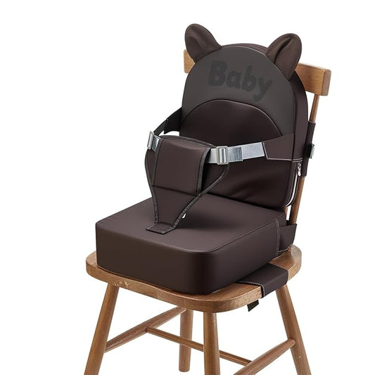 Booster Seat for Dining Table,Toddler Kids Boys Girls Portable PU Waterproof Travel Baby Boosters Increasing Cushion with Backrest and Adjustable Strap (Khaki, OneSize)