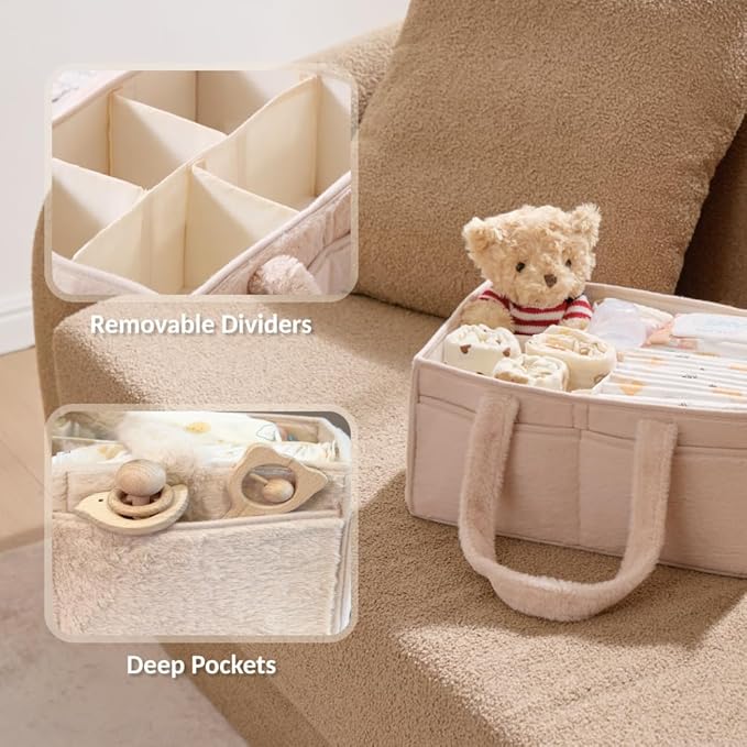 luxury little Soft Baby Diaper Caddy Organizer, Nursery Storage Basket with Removable Divider, Portable Baby Diapers Basket, Gifts for New Parent, Baby Shower, Newborn Must-Have Essentials, Ivory