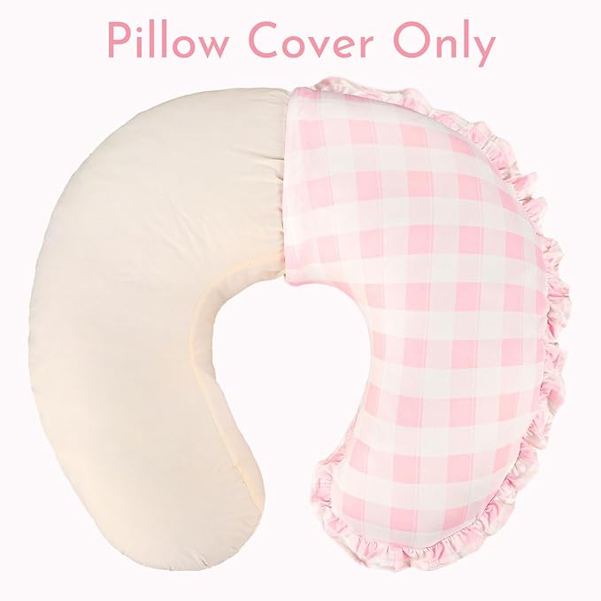 DILIMI Nursing Pillow Cover, Removable Ruffled Pillowcase for Breastfeeding Pillows, Ultra Soft Comfortable Slipcover for Baby Girl and Boy, Pink Gingham
