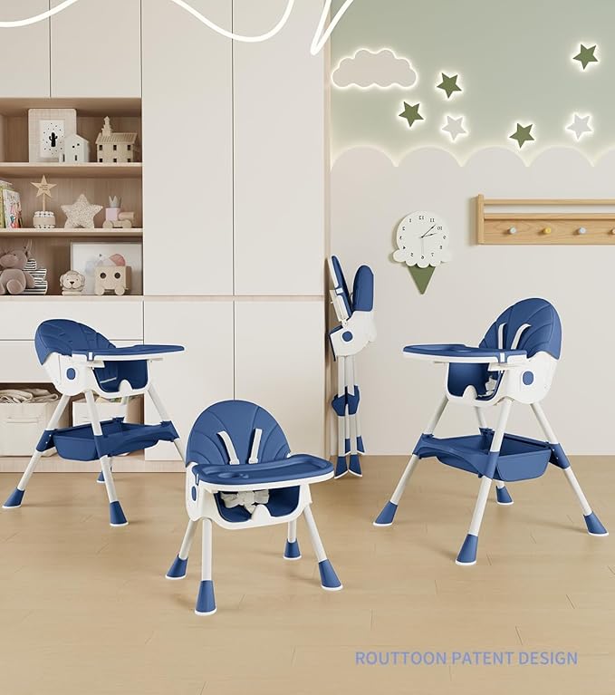 Baby High Chair, 5 in 1 High Chairs for Babies and Toddlers, Travel Foldable High Chair with Detachable PU Cushion, Double Removable Tray, Adjustable Height & Recline, Locking Wheels (Navy Blue)