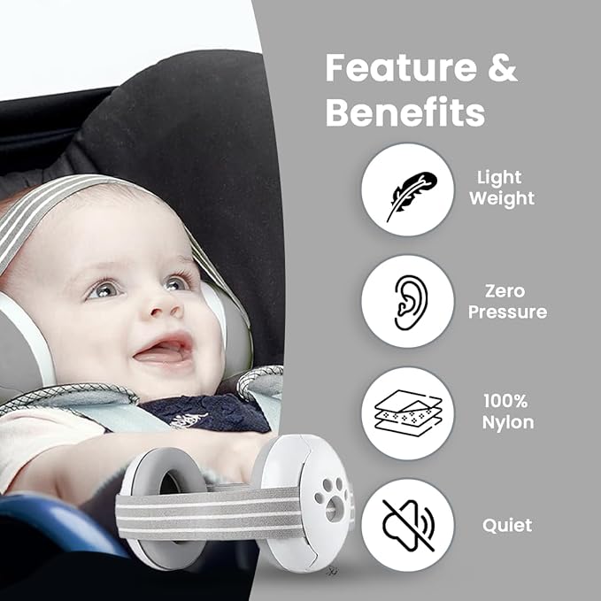 Baby Ear Protection | Ear Muffs for Infants with Elastic Headband | Baby Earmuffs Ideal for Flights, Sleep | 2 Bands Included (Grey-White)