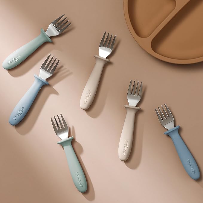 6 Pieces Toddler Forks, 18/8 Stainless Steel Kids Safe Utensils Set BPA Free, Children's Silverware Set with Silicone Round Handle for Self Feeding, Dishwasher Safe
