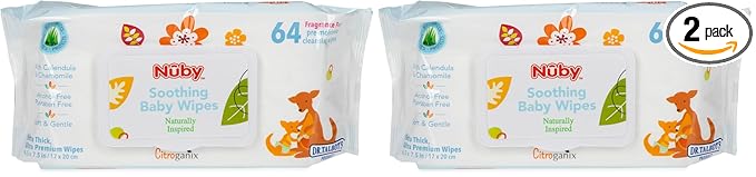 Nuby Soothing Baby Wipes Naturally Inspired with Chamomile Aloe and Citroganix (Fragrance Free/Extra Thick), Unscented, 64 Count (Pack of 2)