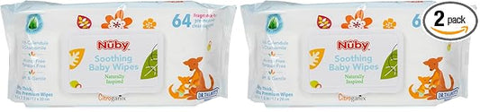Nuby Soothing Baby Wipes Naturally Inspired with Chamomile Aloe and Citroganix (Fragrance Free/Extra Thick), Unscented, 64 Count (Pack of 2)