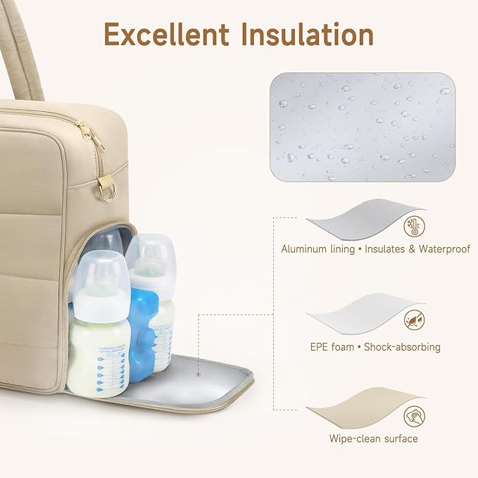 Breast Pump Bag with Insulated Breast Milk Cooler Pocket, Fits Spectra S1/S2 & Most Pumps, Water‑Resistant Work & Travel Tote with 15.6" Laptop Sleeve, Stroller Straps, Luggage Sleeve & Ice Pack,Camel