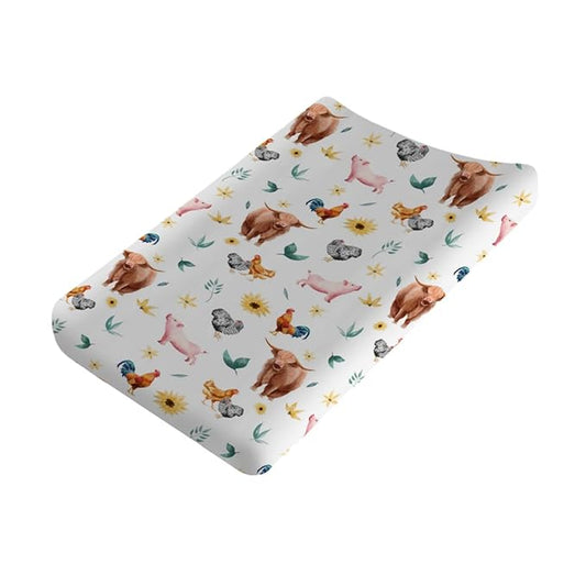 Farm Animals Changing Pad Cover Yak Pigs Rooster Hens Sunflowers Diaper Change Table Sheets for Boys Girls Soft Stretchy Snug Fitted Diaper Changing Table Mats Cover 32''x16''