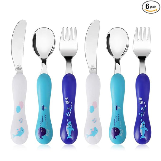 Lehoo Castle 6 Pieces Toddler Utensils, Kids Silverware for 2 3 4 Years Old, Stainless Steel Knife Fork and Spoon Set with Plastic Handle, Safe Toddler Cutlery (Blue)