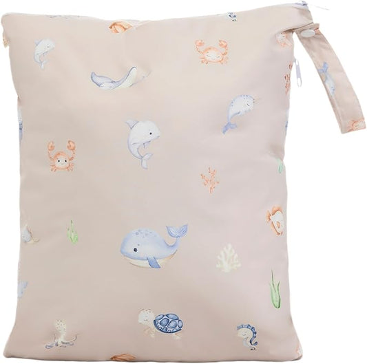 Ali+Oli Water Resistant Dual-Compartment Wet-Dry Bag for Travel, Hook to Stroller, Daycare, Diapers, Diaper Bag, Clutch Bag,15x12 inches (Undersea)