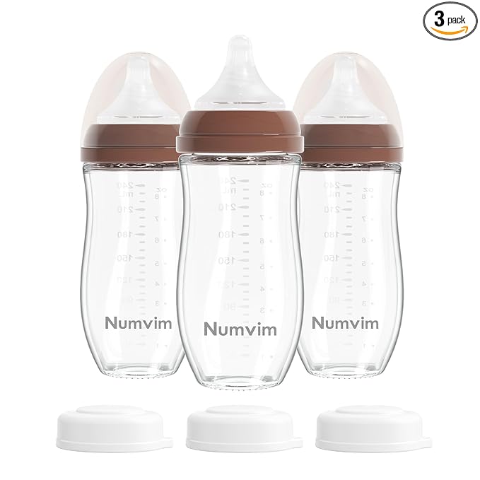 Natural Glass Baby Bottles Gentle & Slow Flow, Newborn Breastfeeding Bottle with Anti Colic Nipple for 0 Months Babies, 3 Packs (Brown (8 Ounce), 1 Count (Pack of 3))