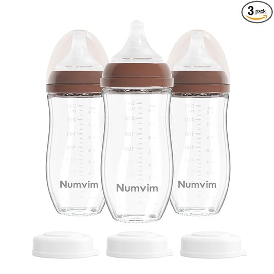 Natural Glass Baby Bottles Gentle & Slow Flow, Newborn Breastfeeding Bottle with Anti Colic Nipple for 0 Months Babies, 3 Packs (Brown (8 Ounce), 1 Count (Pack of 3))