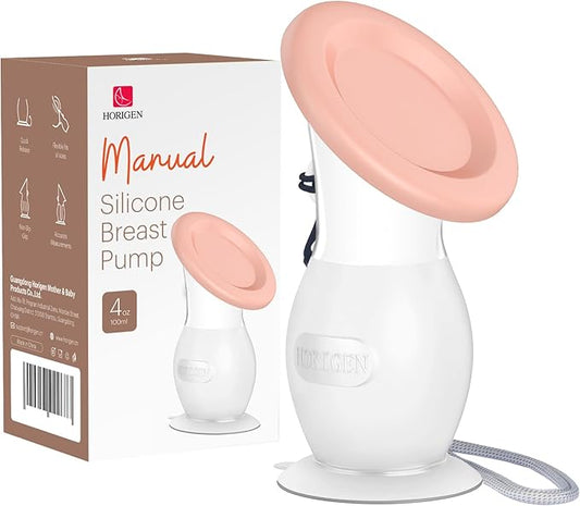 HORIGEN Manual Breast Pump for Breastmilk, 4 Ounce BPA-Free & Food Grade, Portable Leak-Proof Lid & Suction Base Silicone Wearable Hand Pump Collectors for Expressing Milk, Home, Work, Travel
