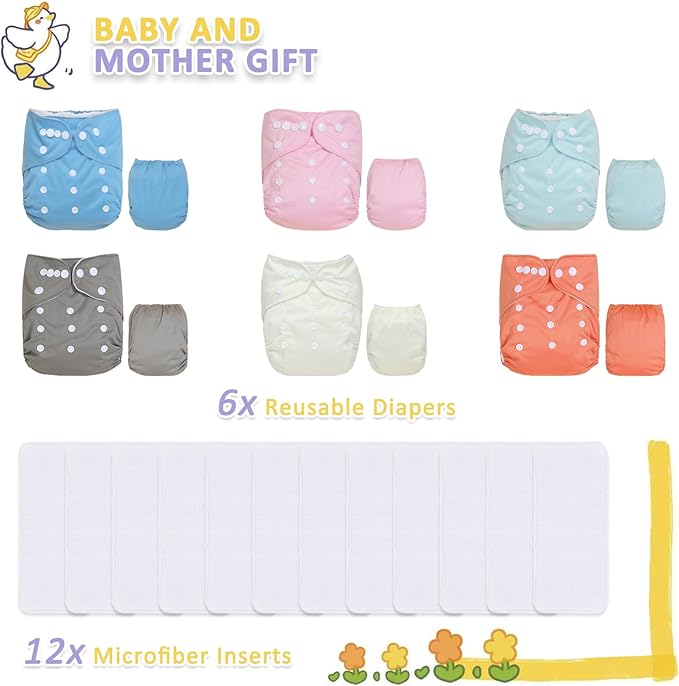 TDIAPERS Cloth Diapers Reusable Washable Pocket Diapers Cover One Size Adjustable for Baby 6 Pack with 12 Inserts