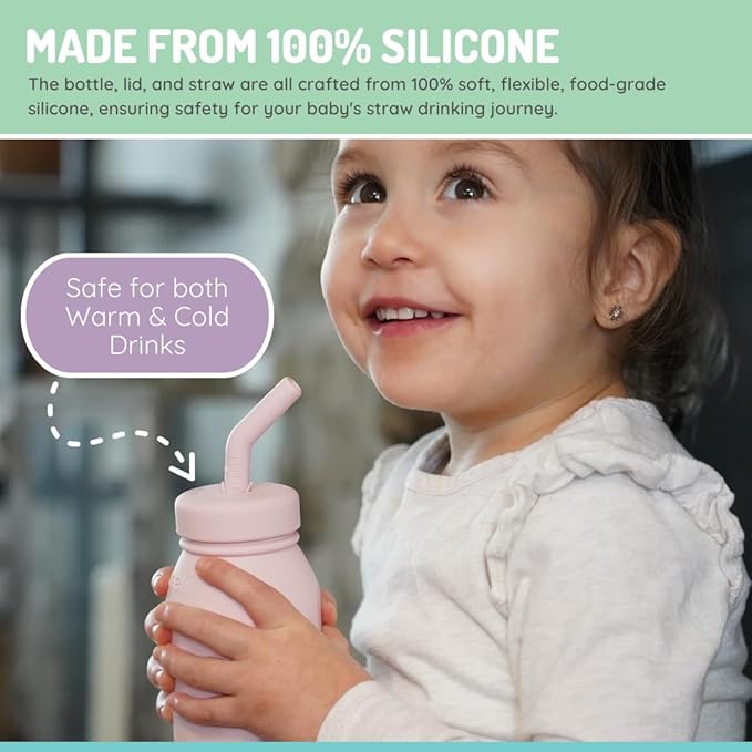 Silicone Water Bottle with Straw for Babies, Toddlers & Kids, BPA Free, Pink