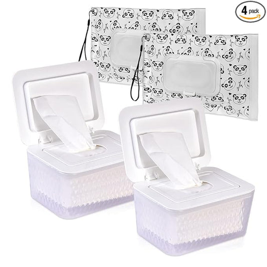 Wipes Dispenser & Pouch/Tissue Bag, Wipes/Tissue Case with Moisture Seal & Non-Slip Feet, Dustproof Container (2WH+2Panda)