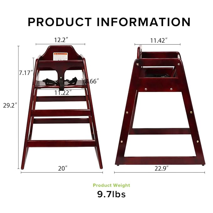 LZMS Wooden Highchair for Babies & Toddlers - Skin-Friendly,Rounded Edges,Safety Belt,Stackable,Reinforced Frame Baby Seat | Natural Finish Dining Chair for Little Ones（Color: Mahogany）