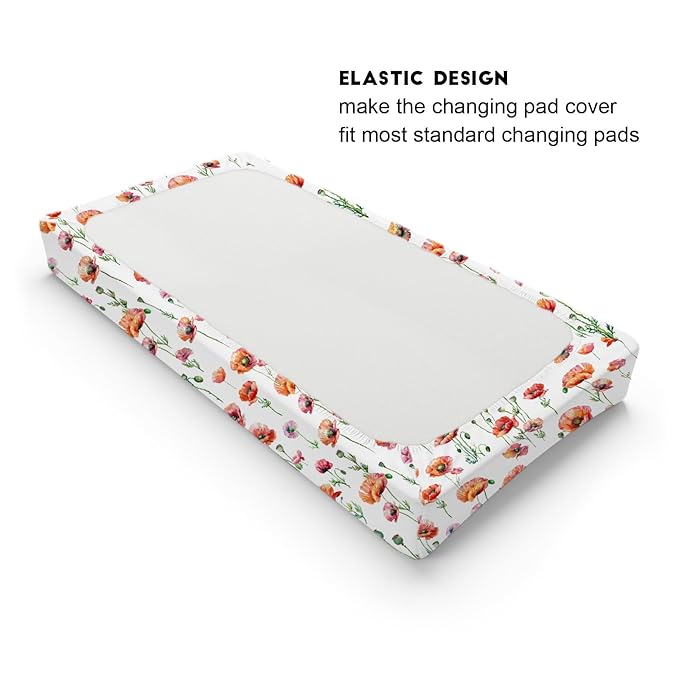 Watercolor Poppy Floral Changing Pad Covers Red Poppy Flowers Diaper Changing Table Pad Sheets for Boys Girls Wild Floral Soft Breathable Stretchy Baby Nursery Diaper Changing Table Mats 32''x16''