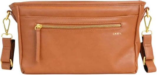 FAWN DESIGN The Stroller Caddy, Premium Matte Faux Leather Stroller Organizer with Cup Holder, Brown Diaper Bag with Adjustable Stroller Straps, 2 Exterior Pockets 1 Zipper Pocket, 14x 5x 7 inches