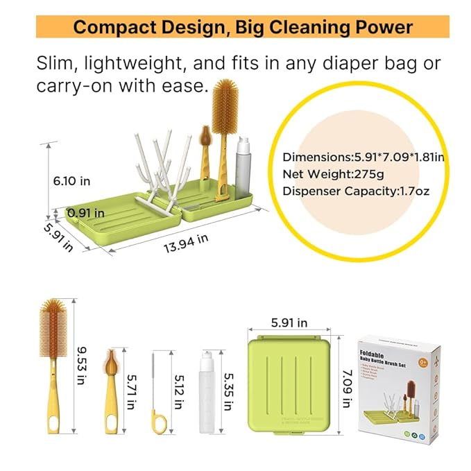 Travel Bottle Cleaner kit, 7in1 Baby Travel Essential Silicone Travel Bottle Brush Set Nipple Drying Rack, Straw Breast Pump Cleaning Soap Dispenser Organizer Case Mon Gift (New Green)