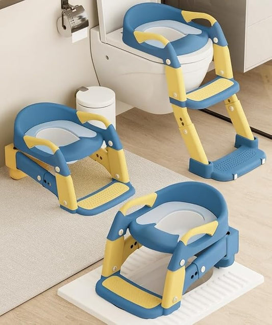 3-in-1 Toddler Potty Training Toilet Seat with Foldable Ladder – Adjustable Toddler Toilet Seat for Boys & Girls with Soft Cushion, Ergonomic Backrest, Non-Slip Pedal and Safety Grips (Blue & Yellow)