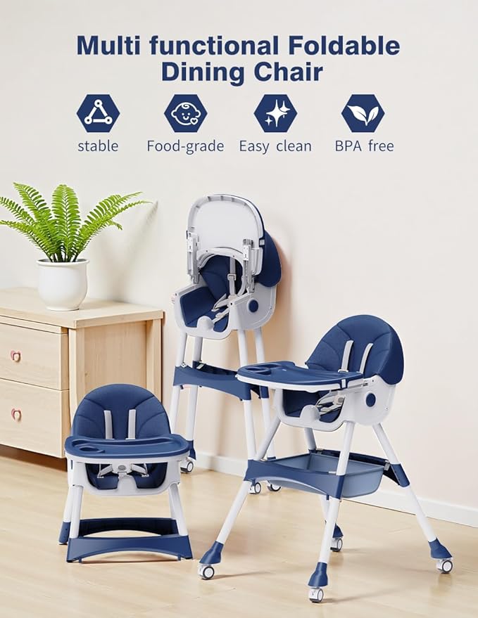 High Chairs for Babies and Toddlers, 4 in 1 Convertible Baby High Chair, Portable High Chair for Travel with Adjustable Height and Back, Foldable HighChair with Wheels& Pu Cushion