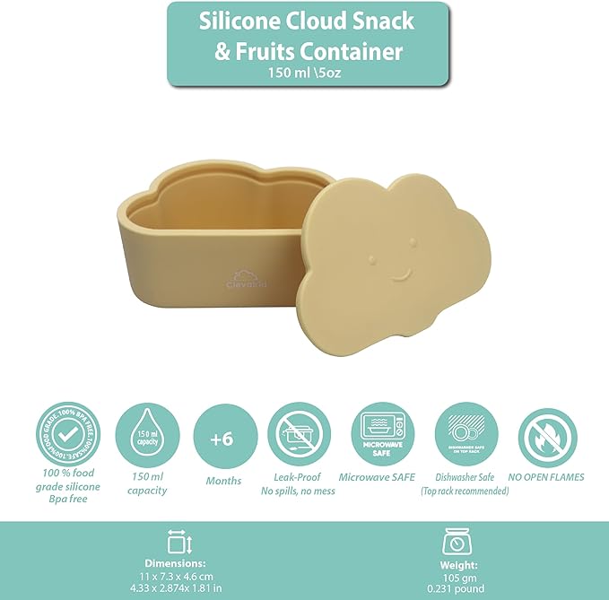 Silicone Snack & Fruits Container – Leakproof Durable and BPA-Free | for Daycare, Preschool, School, and Family Outings – Cloud design 150ML OZ (Beige latte)