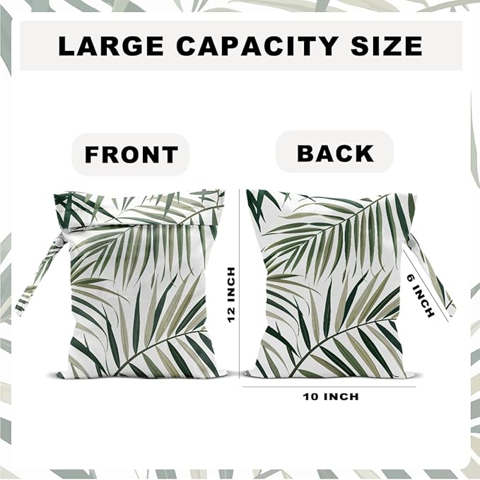 Wet Dry Bag 12x10 Inch, Wet Bag for Swimsuit, Travel, Beach, Pool, Diapers, Dirty Yoga Gym Clothes, Makeup Bags, Waterproof Tropical Palm Leaves Decor Jungle Palm Leaf Favors, Washable Reusable