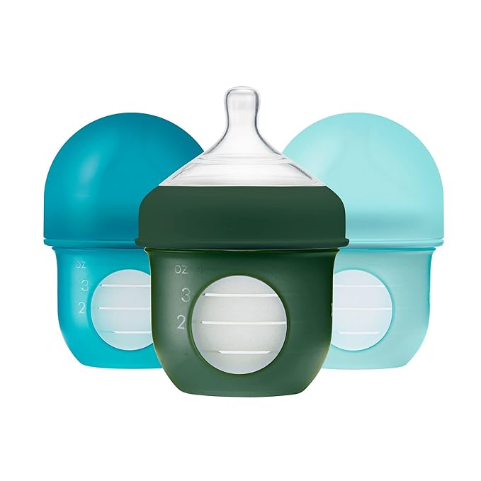 Boon Nursh Reusable Silicone Baby Bottles with Collapsible Pouch - Stage 1 Slow Flow - Gray & Blue - 4 Oz - 3 Count Each