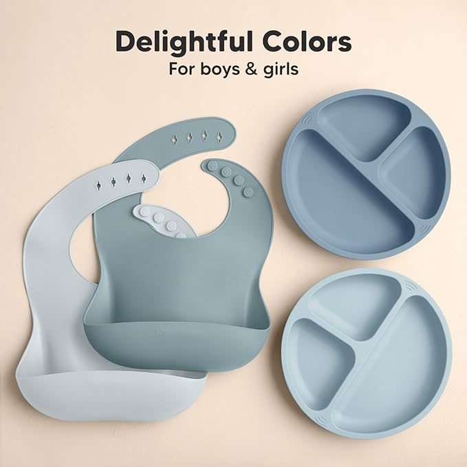 KeaBabies 2-Pack Silicone Bibs for Babies, Toddlers Girl, Boy – Sturdy Food-Grade Baby Bibs for Eating, Large Food Catcher, Clean & Put On Easily, Waterproof Toddler Feeding Essentials (Alps)