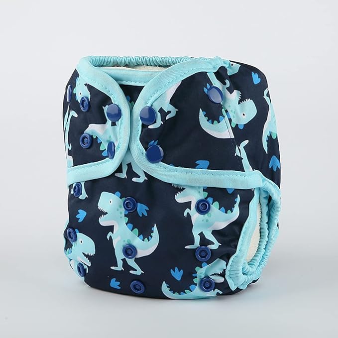 One Size Cloth Diaper Cover Snap With Double Gusset (Baby Dinosaur), One Fit All