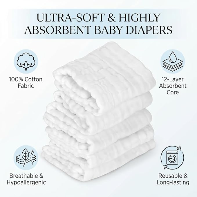 12 Layer Liners Cotton Gauze Reusable Washable Diaper with Hem for Infant Care Choosing Our Diaper (White)