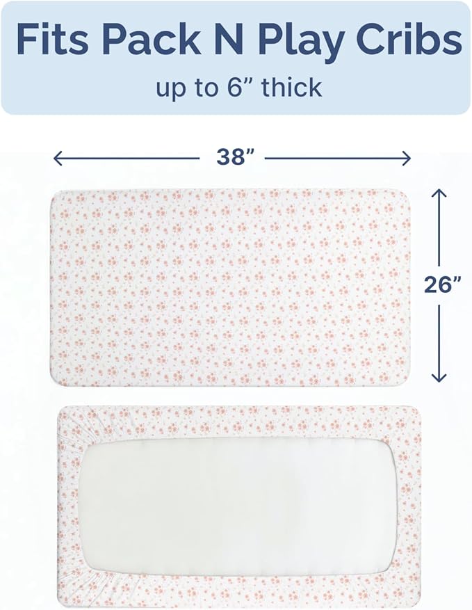 Pack and Play Sheets Fitted - 2 Pack Mini Crib Sheets for Pack N Play Mattress - Unisex Playard Microfiber Bedding for Boys & Girls - Soft, Breathable and Wrinkle Free - Oeko-Tex, 38 x 26in - Floral