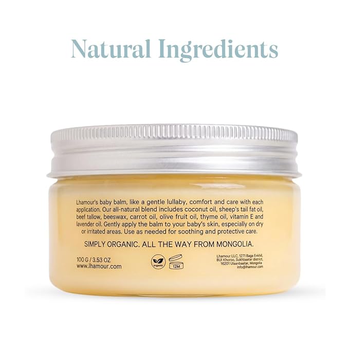 Lhamour Baby Balm 100% Natural Hand Made, 3.53oz Diaper Rash Cream for Baby with Organic Shea Butter, Beeswax, Coconut, Olive, Carrot Oils – Soothing All Purpose Oinment for Sensitive Baby Skin