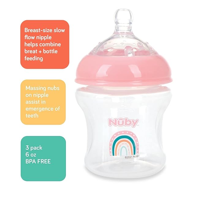 Nuby 3-Pack Infant Feeding Bottles with Slow Flow Breast Size Silicone Nipple: 0+ Months, 6oz, 3 Pack Set: Delicate Star, Rainbow, Butterfly Prints