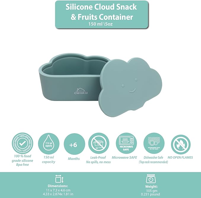 Silicone Snack & Fruits Container – Leakproof Durable and BPA-Free | for Daycare, Preschool, School, and Family Outings – Cloud design 150ML OZ (Blue Teal)