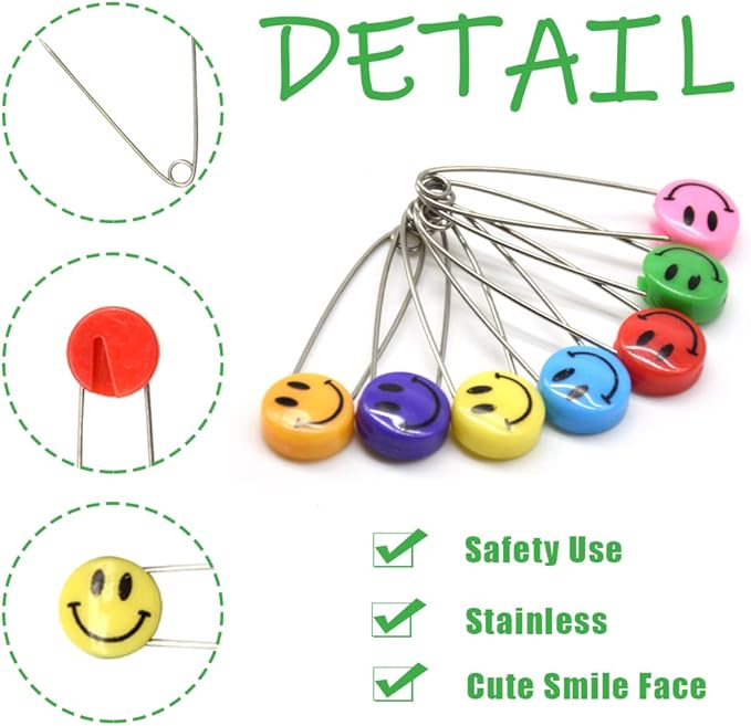 30 PCS Safety Pin 53mm/2.1in Baby Diaper Pins for Cloth Plastic Head Baby Pins for Diapers Stainless Steel Cloth Pins with Locking Closures Nappy Pin for Crafts（DT/Colour Smile）