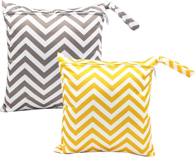 2 PCs Cloth Diaper Wet Dry Bags Waterproof Reusable Stroller Travel Beach Pool Daycare Soiled Baby Items Yoga Gym Bag for Swimsuits or Wet Clothes-Chevron-11 x 11"