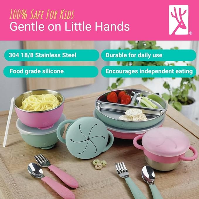 Elk and Friends Kids Stainless Steel Mealtime Bundle | Plates, Bowls, Snack Cups + Toddler Utensils | Silicone Suction Sleeves + Travel Storage Lids | For Meals + Snacks | Dishwasher Safe