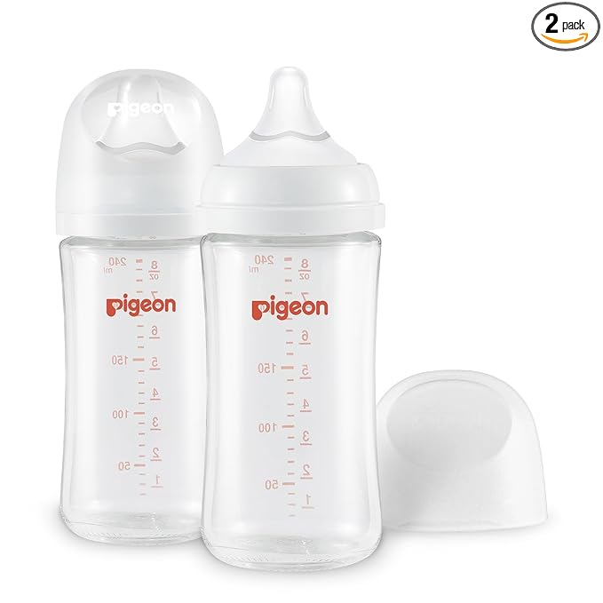 Pigeon Glass Nursing Bottle Wide Neck, Anti-Colic, Streamlined Body, Natural Feel, Easy to Clean, Heat-Resistant, 8.1 Oz (Pack of 2), Includes 2pcs M Nipples (3m+)