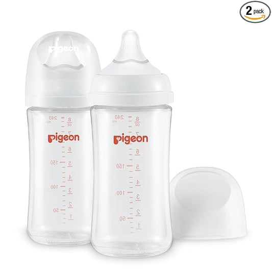 Pigeon Glass Nursing Bottle Wide Neck, Anti-Colic, Streamlined Body, Natural Feel, Easy to Clean, Heat-Resistant, 8.1 Oz (Pack of 2), Includes 2pcs M Nipples (3m+)