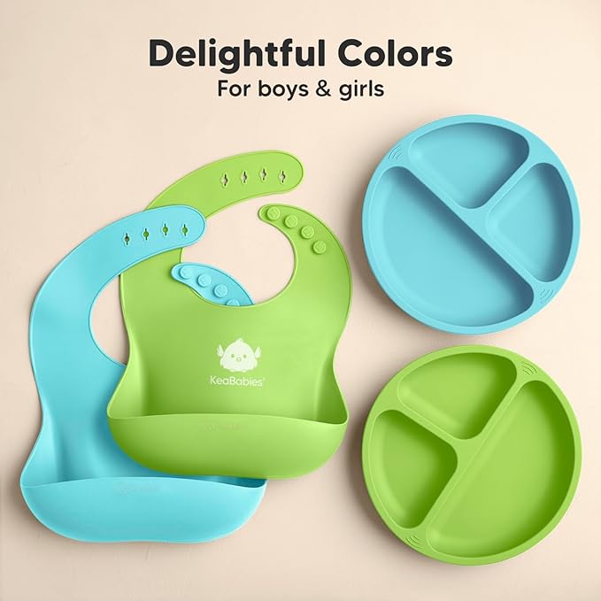 KeaBabies 2-Pack Silicone Bibs for Babies, Toddlers Girl, Boy – Sturdy Food-Grade Baby Bibs for Eating, Large Food Catcher, Clean & Put On Easily, Waterproof Toddler Feeding Essentials (Cloud Nine)