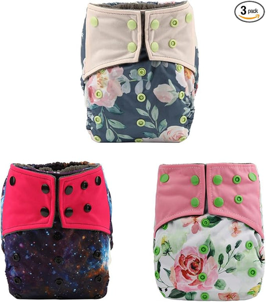 3 AIll in One Night AIO Cloth Diapers Nappy Bulit in Insert Reusable Washable for Girls (Flowers Pack)