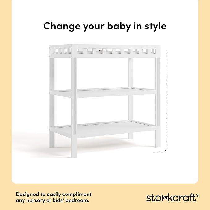 Storkcraft Morningside Changing Table (White) – GREENGUARD Gold Certified Baby Changing Table, Includes Waterproof Diaper Changing Pad, Easy 30-Minute Assembly, 2 Open Shelves for Storage